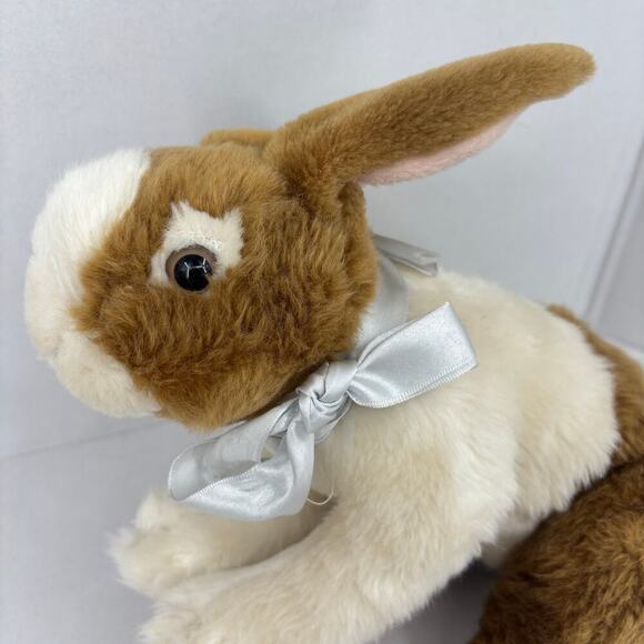 Kids of America Bunny Plush Brown White Crouching Rabbit Satin Bow 10 Inch - Picture 2 of 8